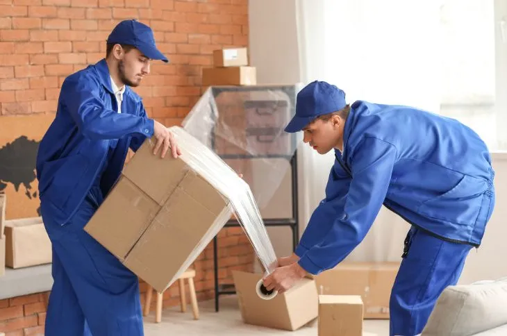 Möbelpacker stretchen Umzugskartons ein Möbelpacker stretchen Umzugskartons ein